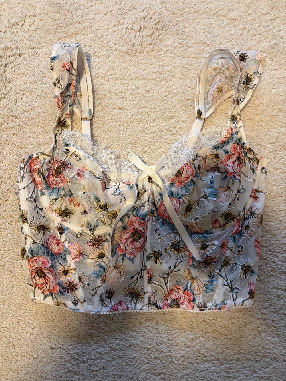 Victoria's Secret White Lace Bralette with Floral Accents- runs a little small